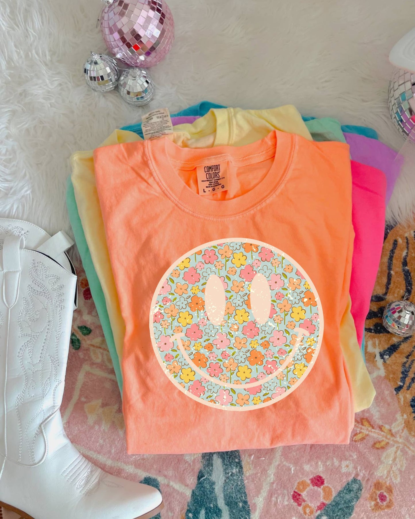 Spring Flower Smiley Neon Cantaloupe Tee