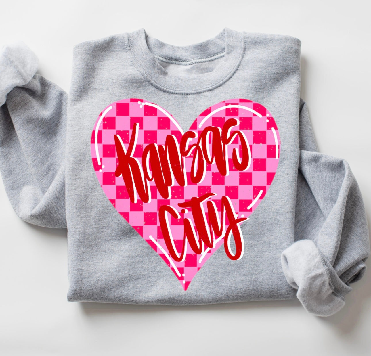 Pink Checkered Heart Kansas City Sports Grey Sweatshirt