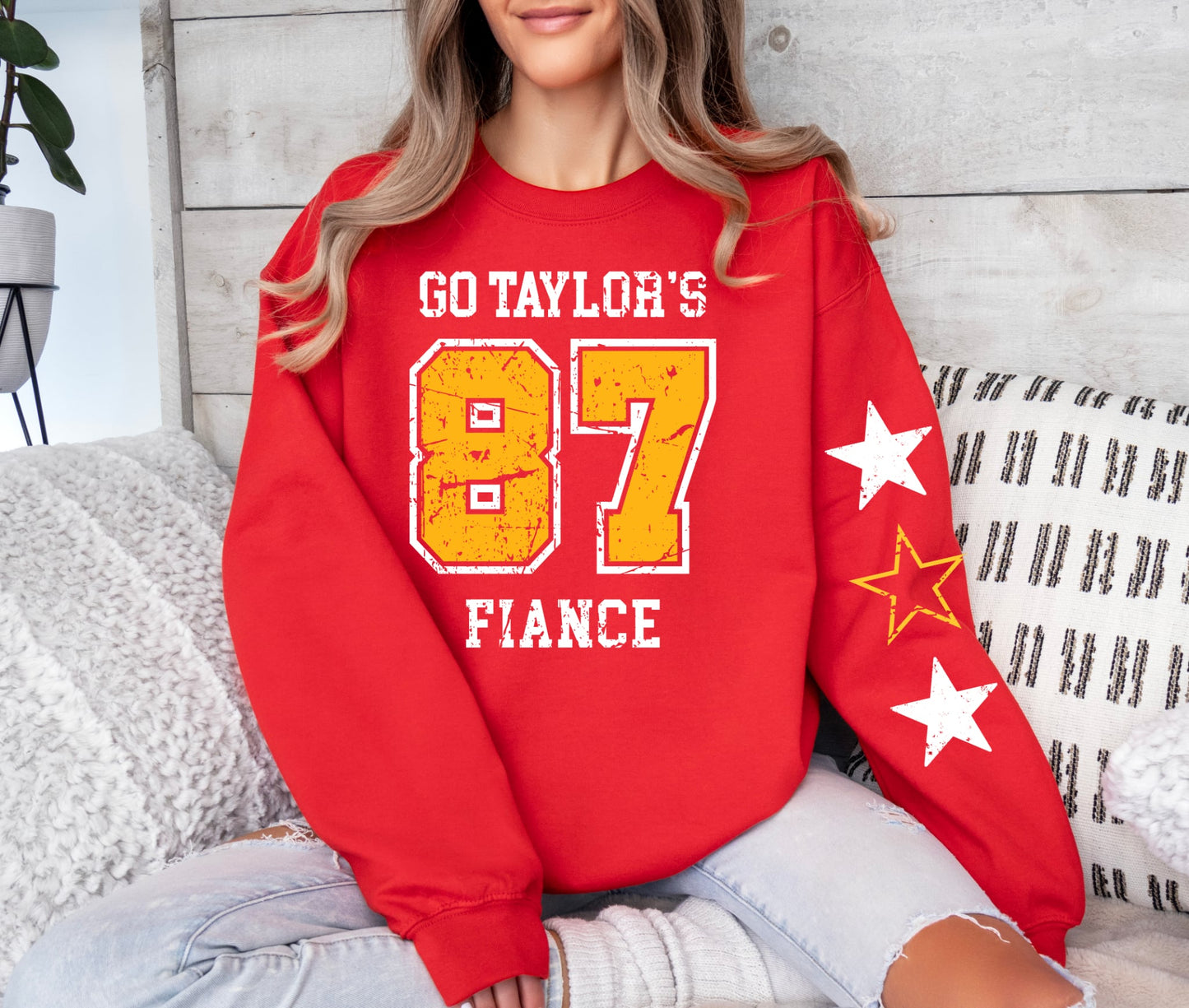 Distressed 87 Go Taylor’s Finance & White & Gold Star Sleeve Red Sweatshirt