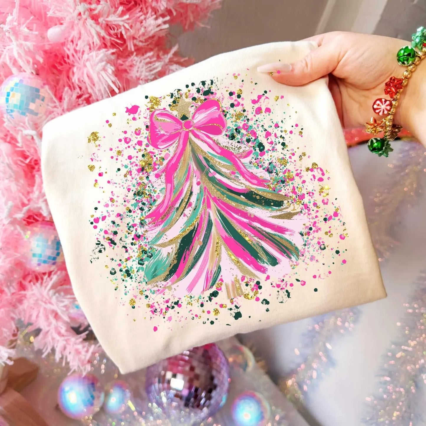**CHRISTMAS IN JULY** Pink Splatter Christmas Tree Ivory Tee