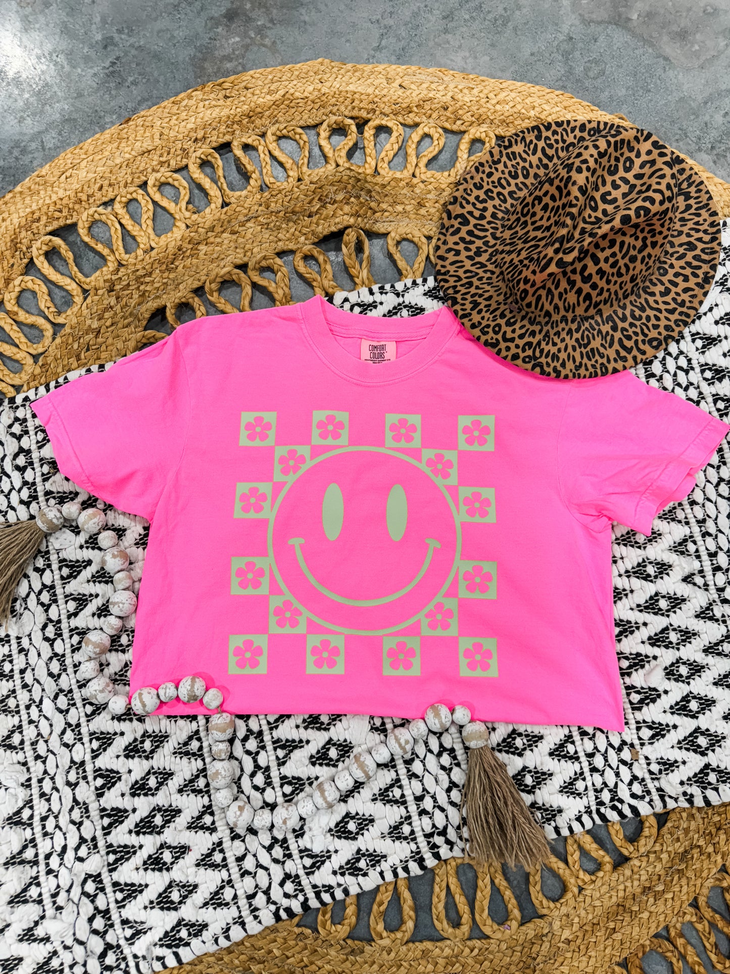 **Adult & Kids Sizes** Green Checkered Daisy Neon Pink Tee