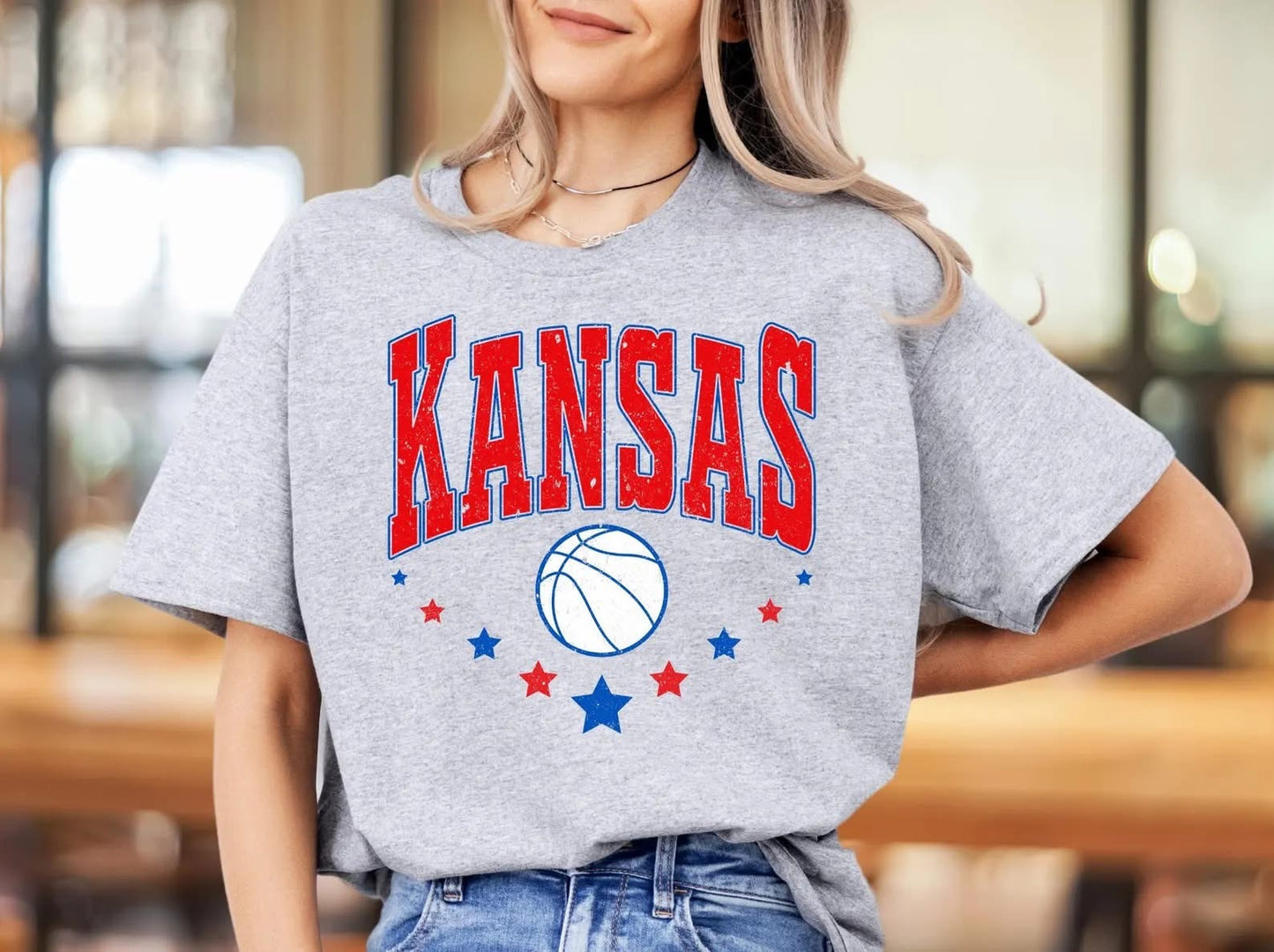 Red Kansas With White Basketball & Stars Sports Grey Tee