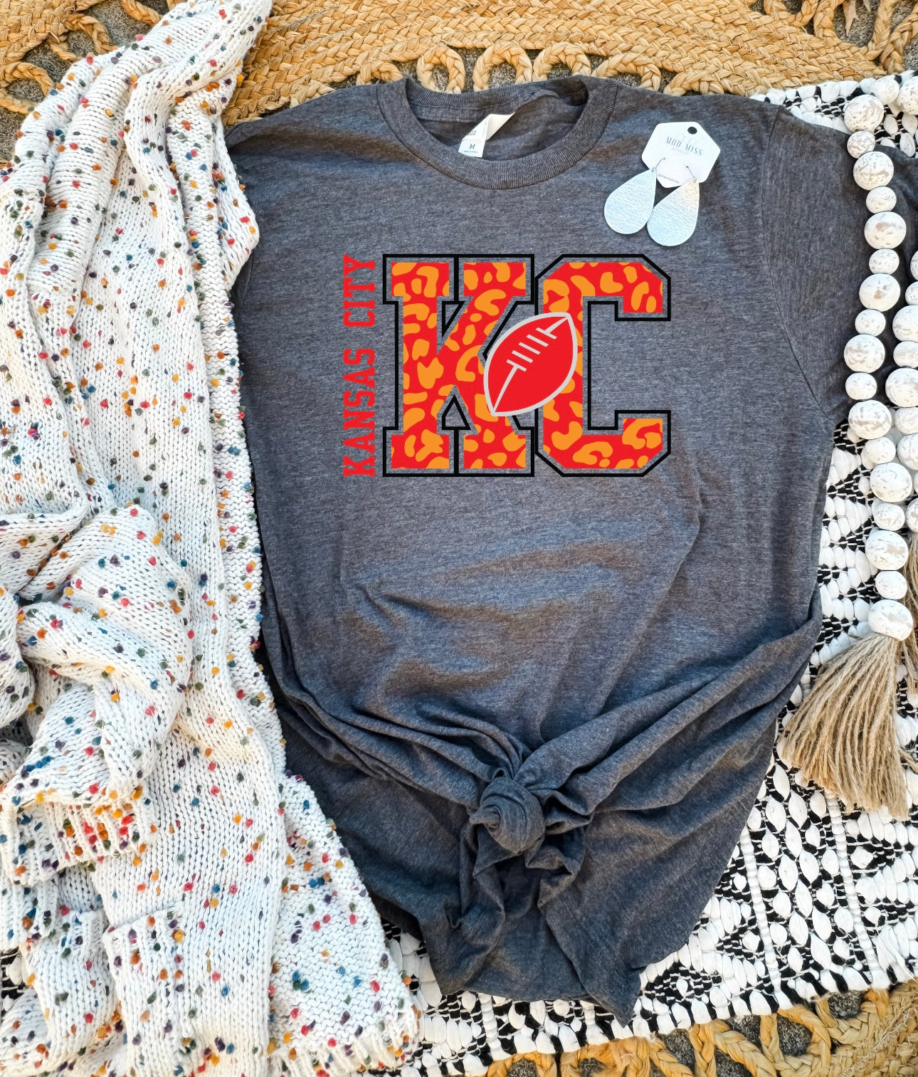 KC Kansas City Leopard Football Heather Charcoal Tee