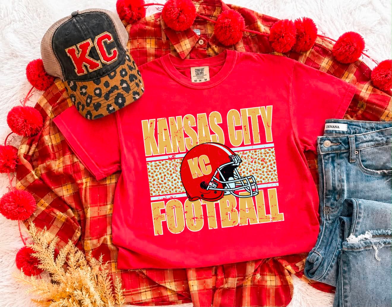 **HALFTIME DEAL** Gold Letters Kansas City Football KC Helmet Red Tee