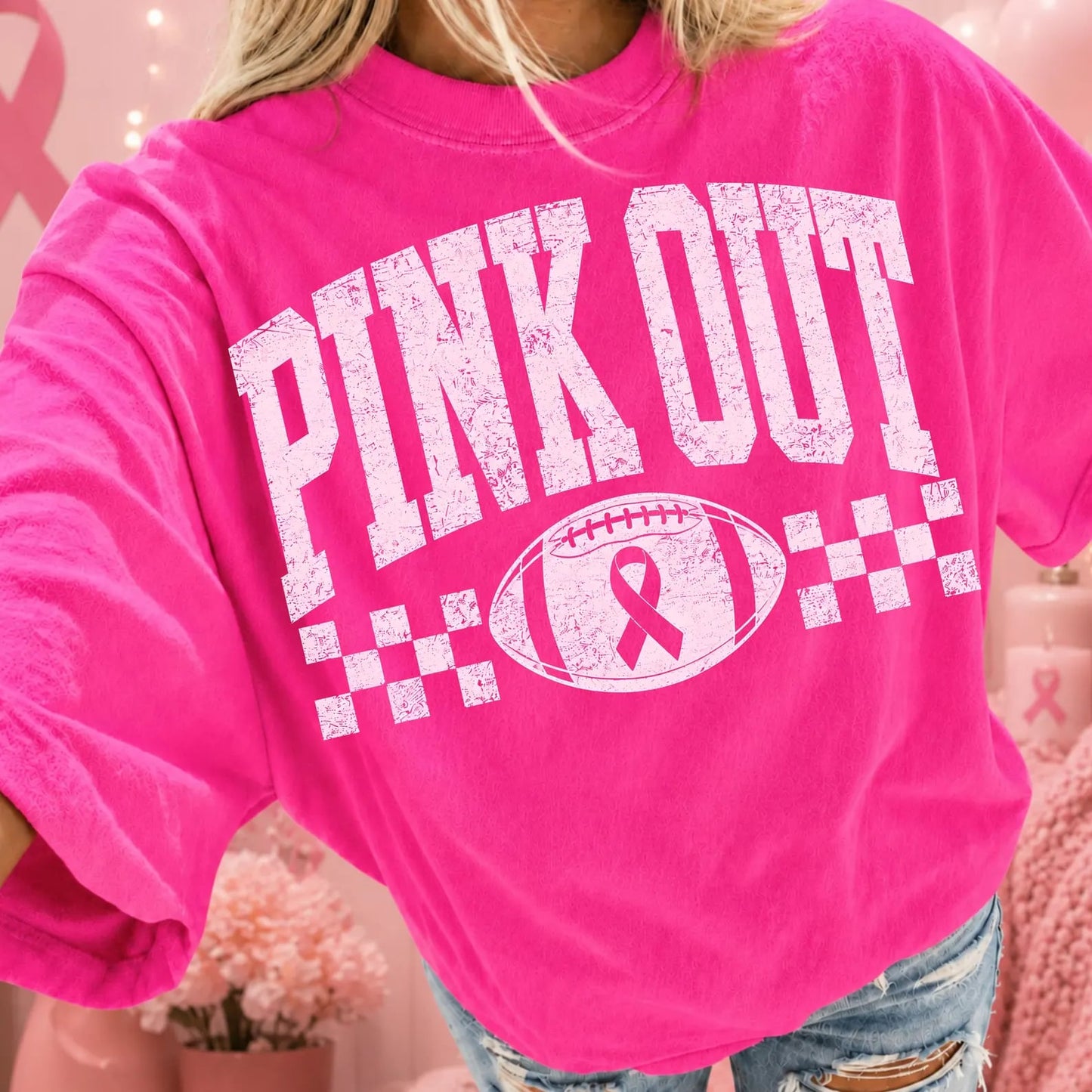 White Checkered Pink Out Neon Pink Tee