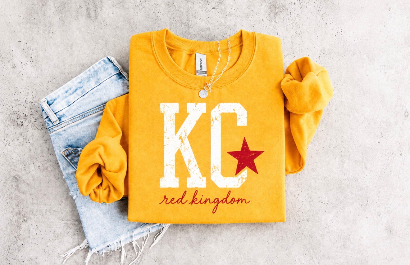 **HALFTIME DEAL** White Distressed KC Red Kingdom Gold Sweatshirt