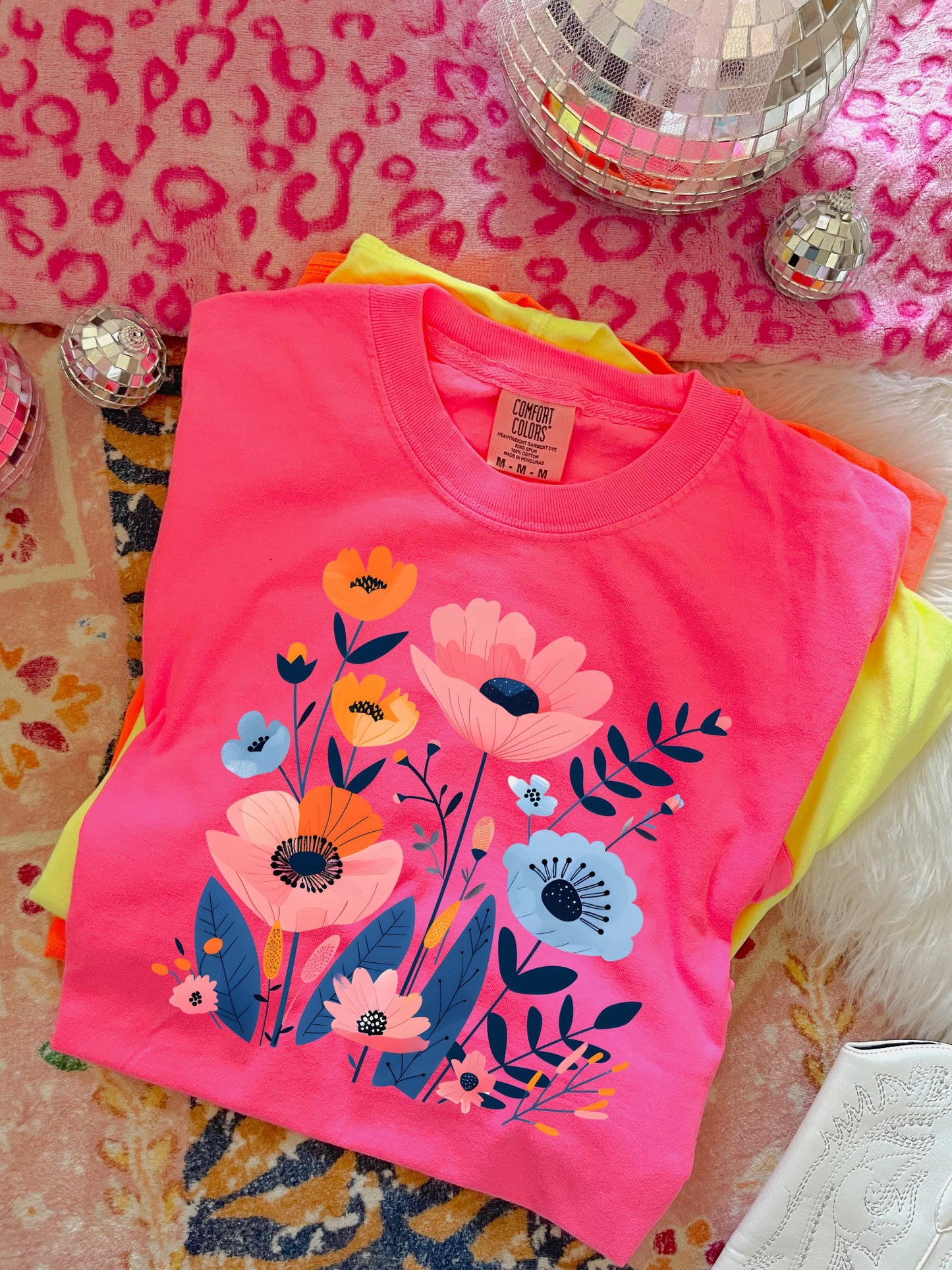 Pink & Blue Floral Design Neon Pink Tee