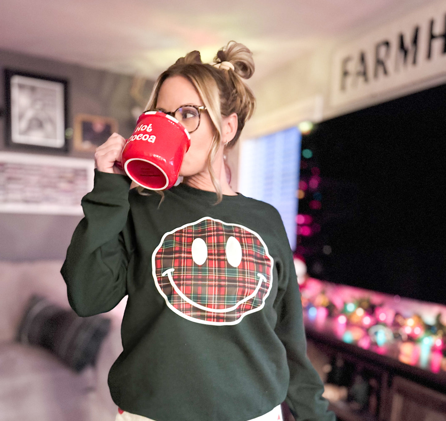 Red & Green Plaid Smiley Face Forest Sweatshirt