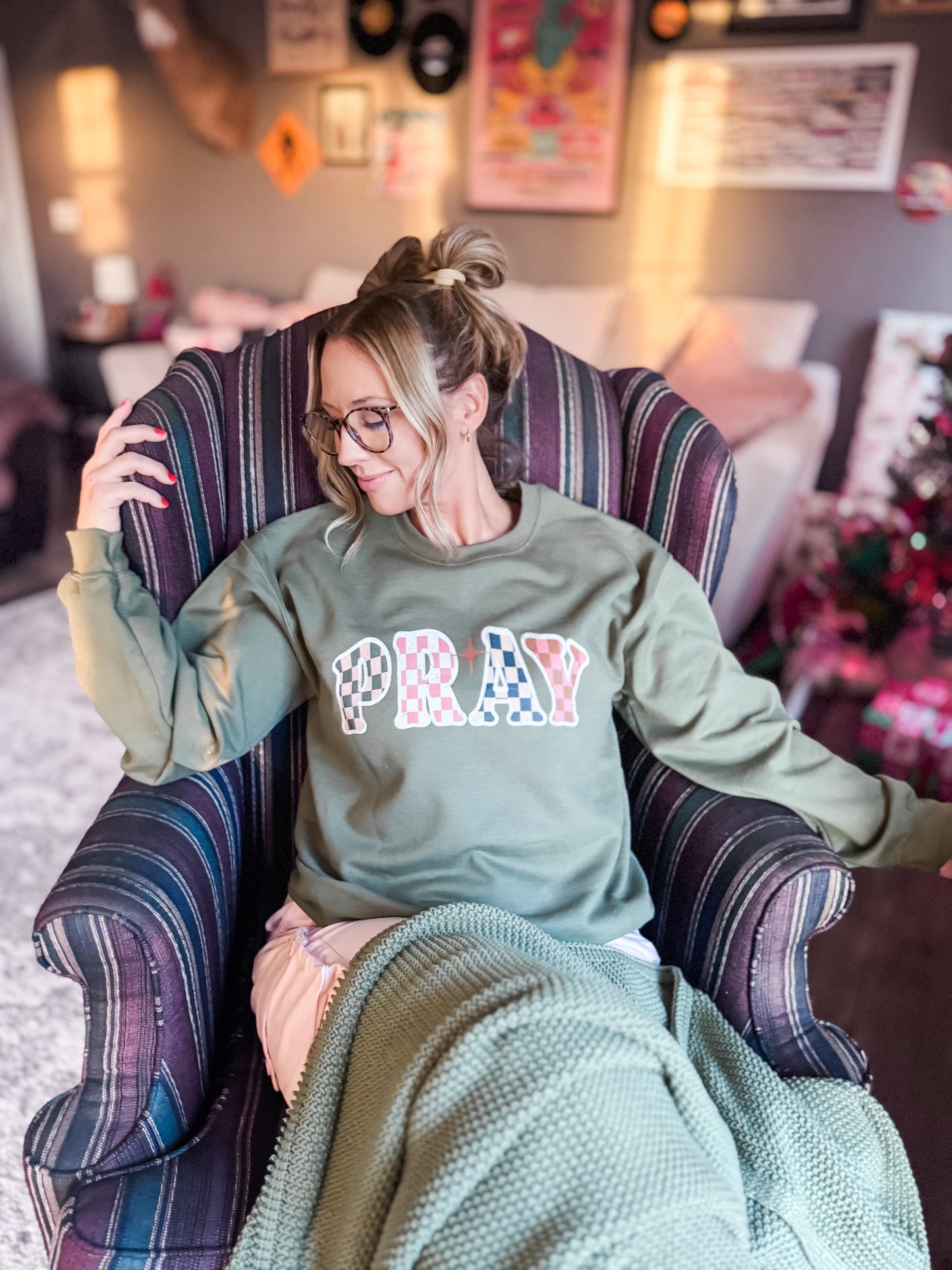 Checkered Pray Military Green Sweatshirt