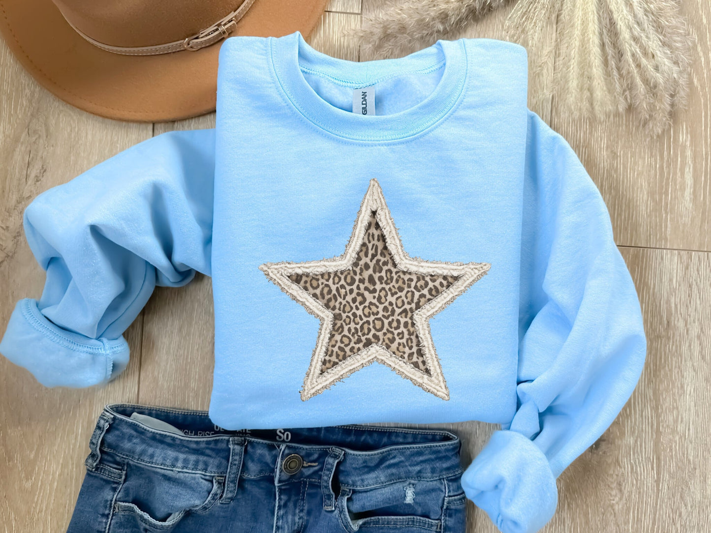 Patchwork White Leopard Star Light Blue Sweatshirt