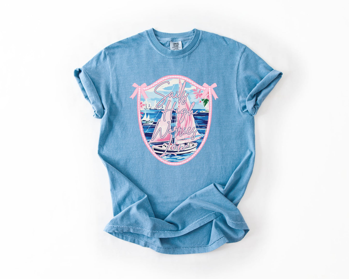 **DEAL PRICE** Sails High Worries Low Washed Denim Tee
