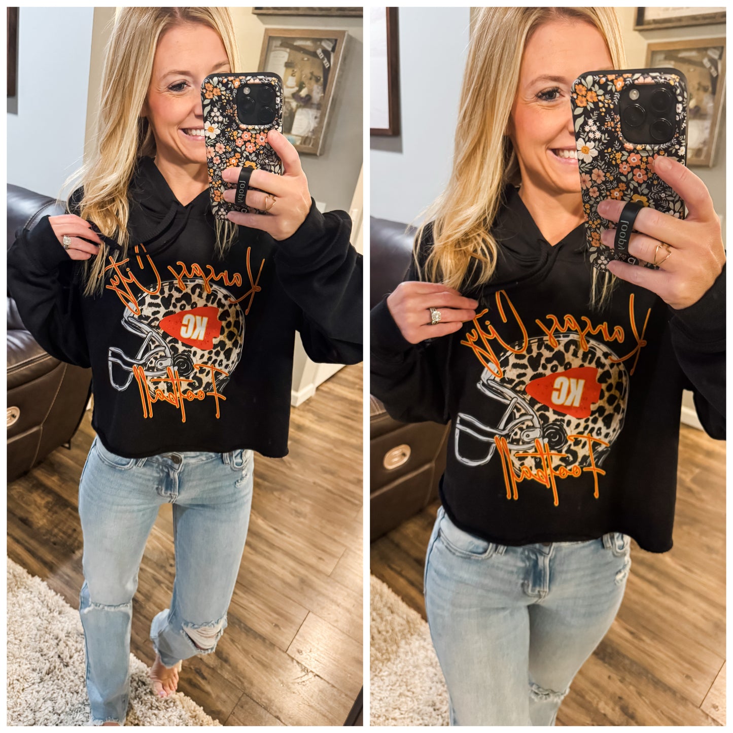 Kansas City Football Script Leopard Helmet Black Crop Top Hoodie