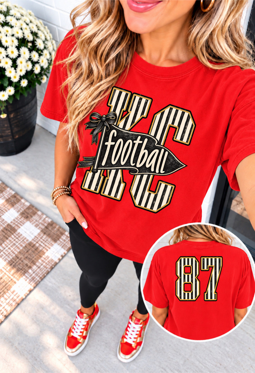 FRONT + BACK KC Striped Football Flag + 87 Red Tee