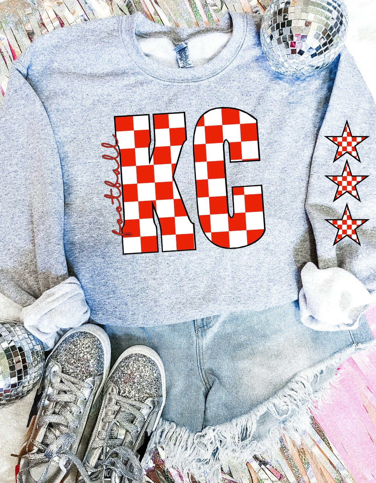 KC Red & White Checkered Football With Red Checkered Star Sleeve Sports Grey Sweatshirt