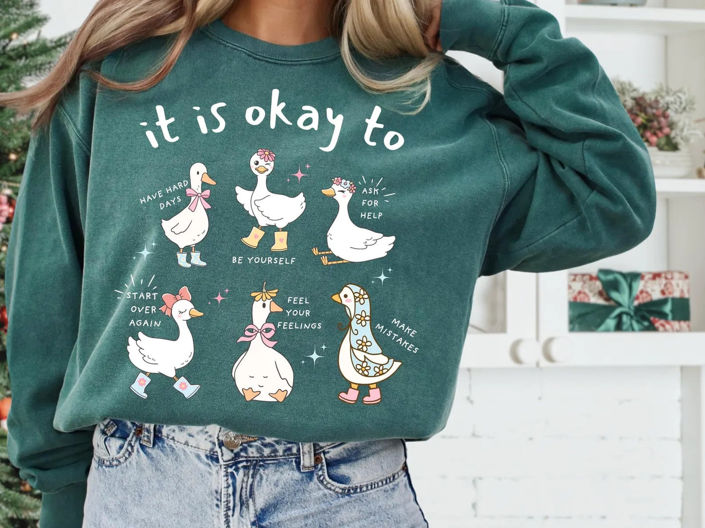 Multi Duck It Is Okay Light Green Long Sleeve Tee
