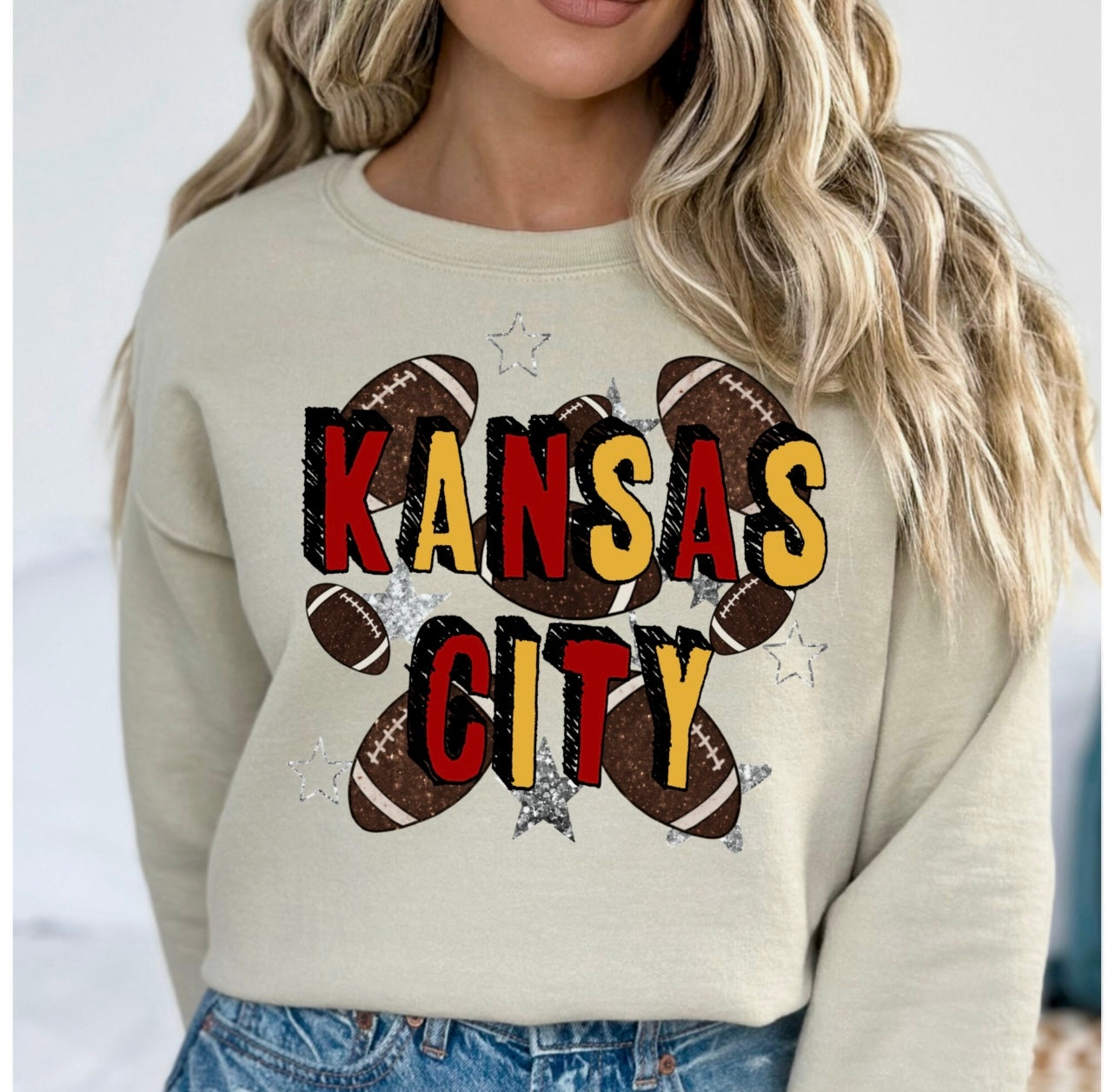 **Kansas City Block Mutiple Footballs Sand Sweatshirt