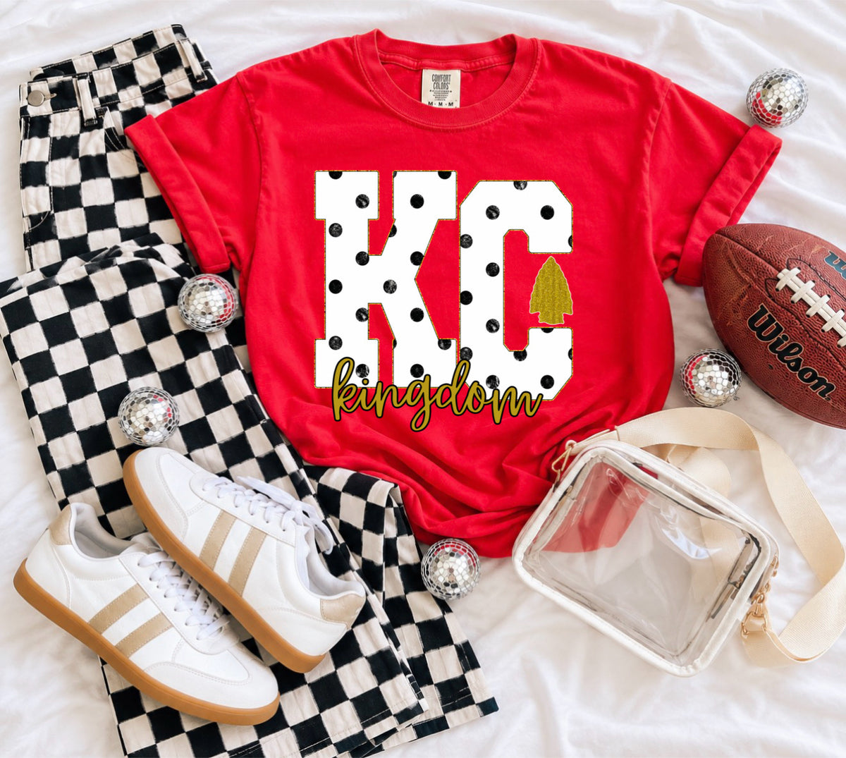 **HALFTIME DEAL** Kingdom Script Black & White Polka Dot KC Kingdom Red Tee