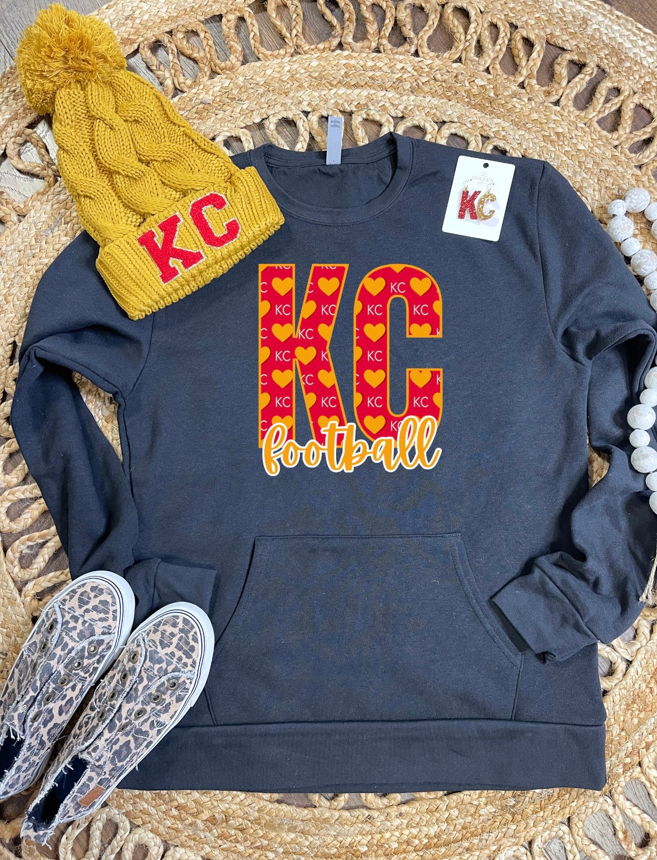 KC Heart Football Script Black Pocket Sweatshirt