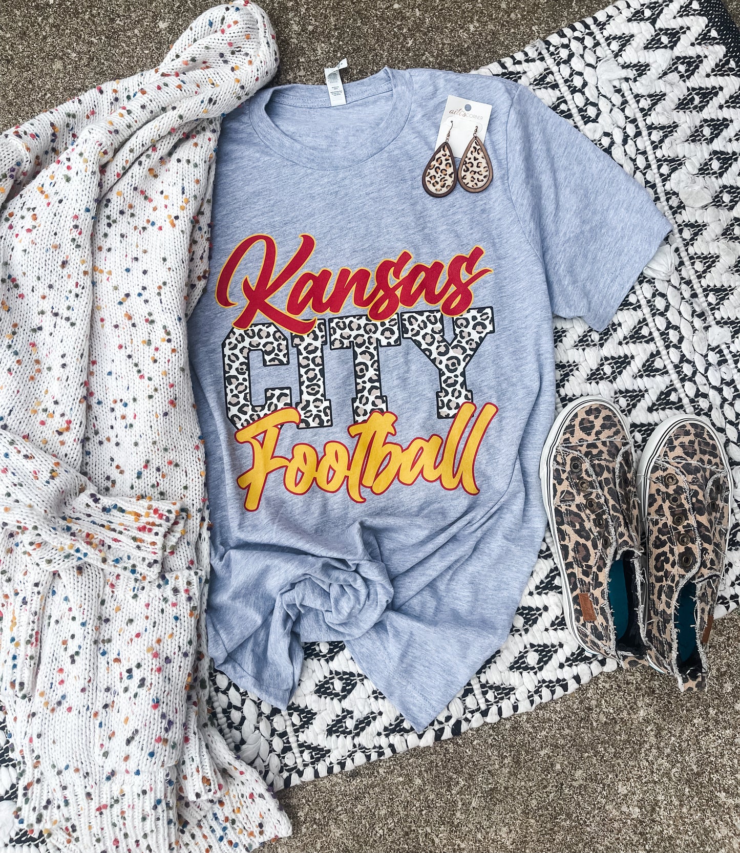 Red Kansas Leopard City Gold Football Heather Grey Tee