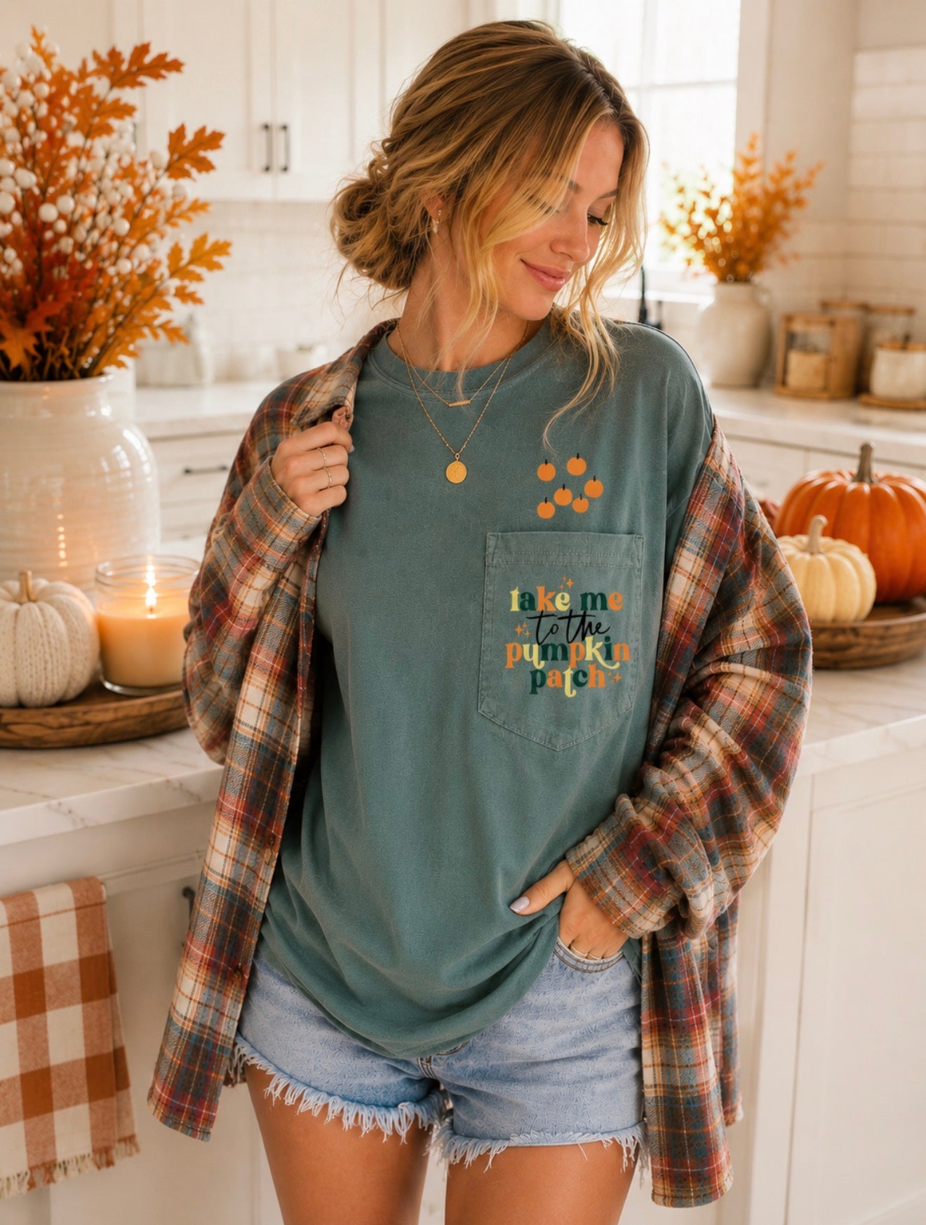 Left Pocket Design Meet Me At The Pumpkin Patch Light Green Pocket Tee