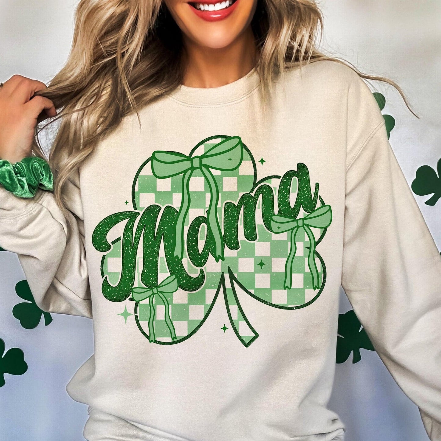 Checkered Mama Ribbon Shamrock Sand Sweatshirt