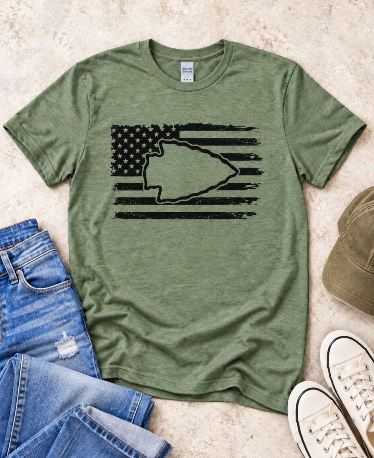 **DEAL OF THE DAY** Black Ink Arrowhead Star & Flag Heather Military Green Tee