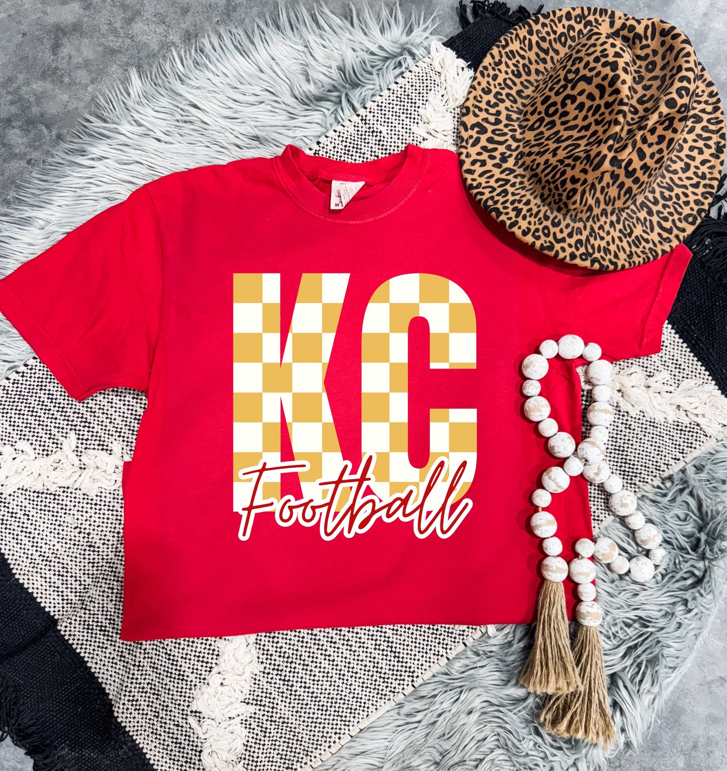 Gold & White Checkered KC Football Red Tee