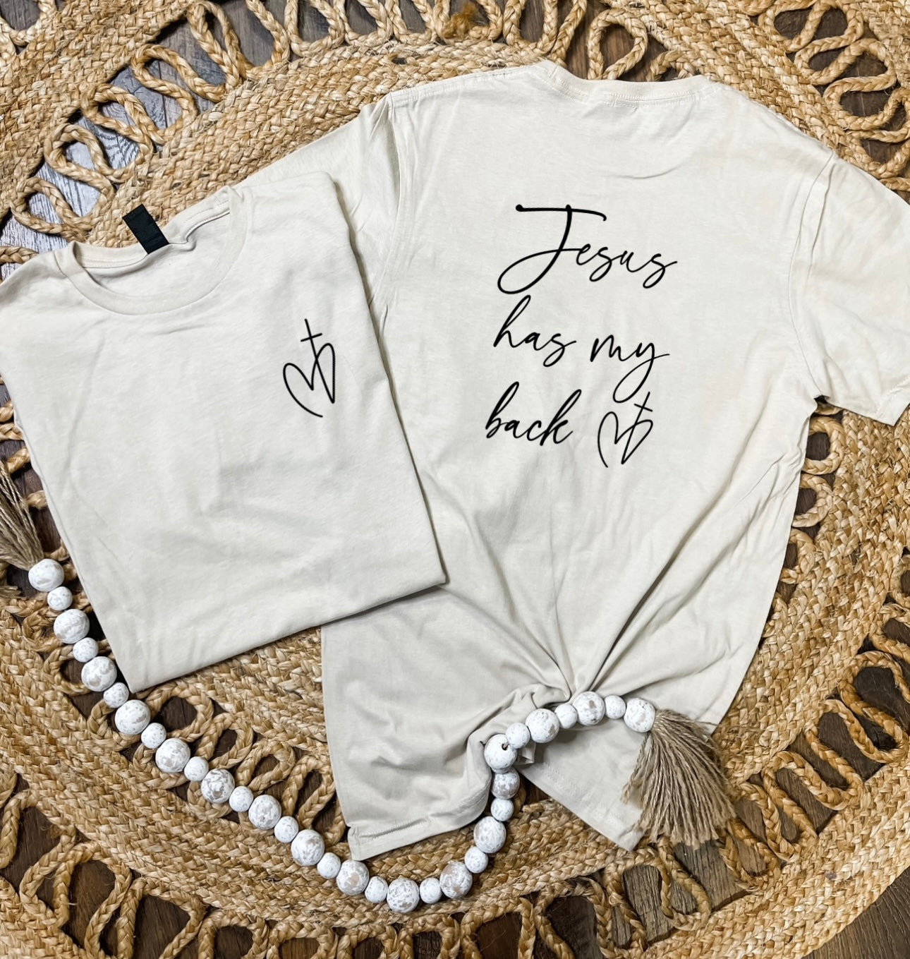 *NEW* FRONT + BACK- Black Jesus Has My Back Sand Tee