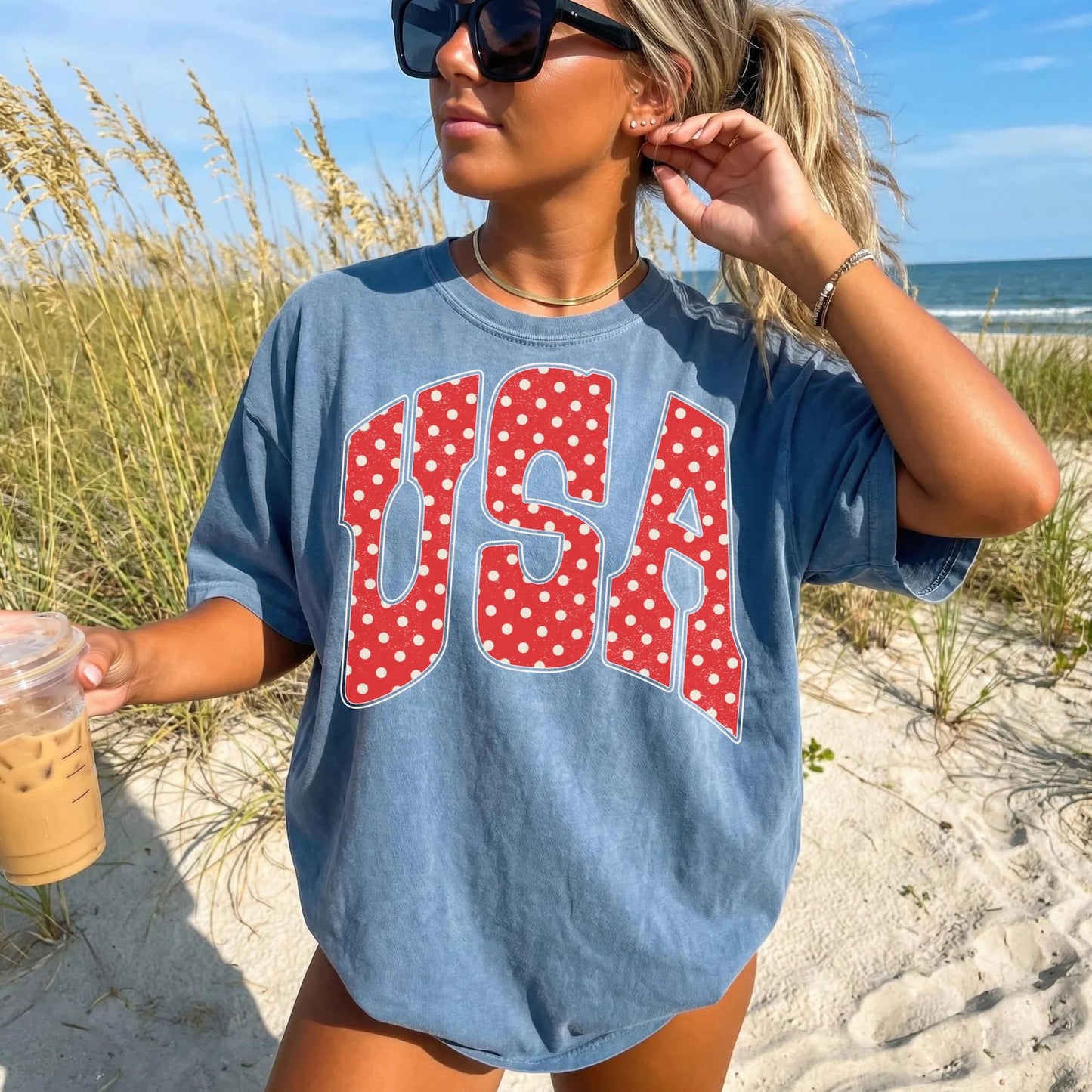 Red & White Polka Dot USA Blue Jean Tee