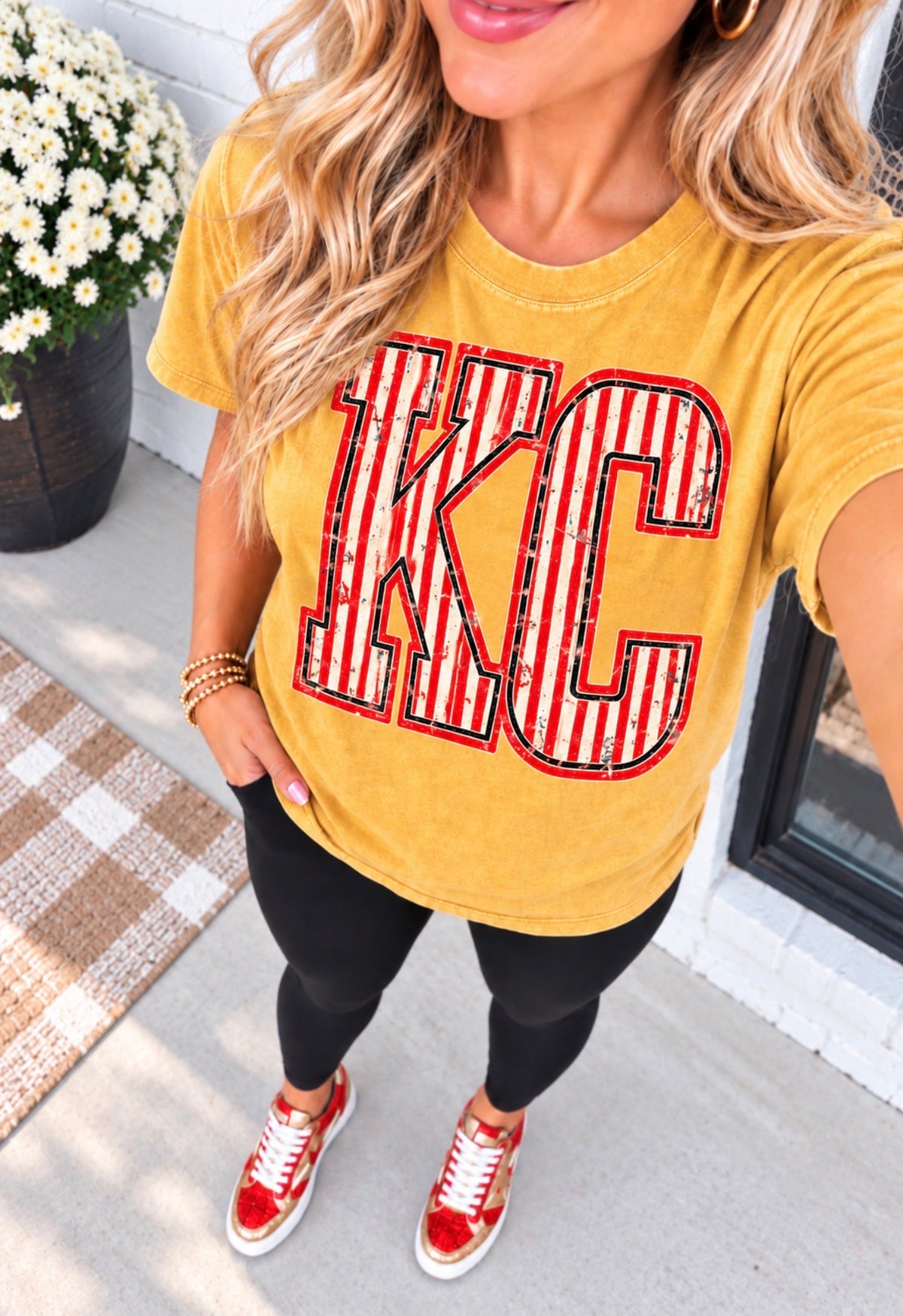 **DEAL OF THE DAY** Vertical Striped Red & White Varsity KC Mustard Tee