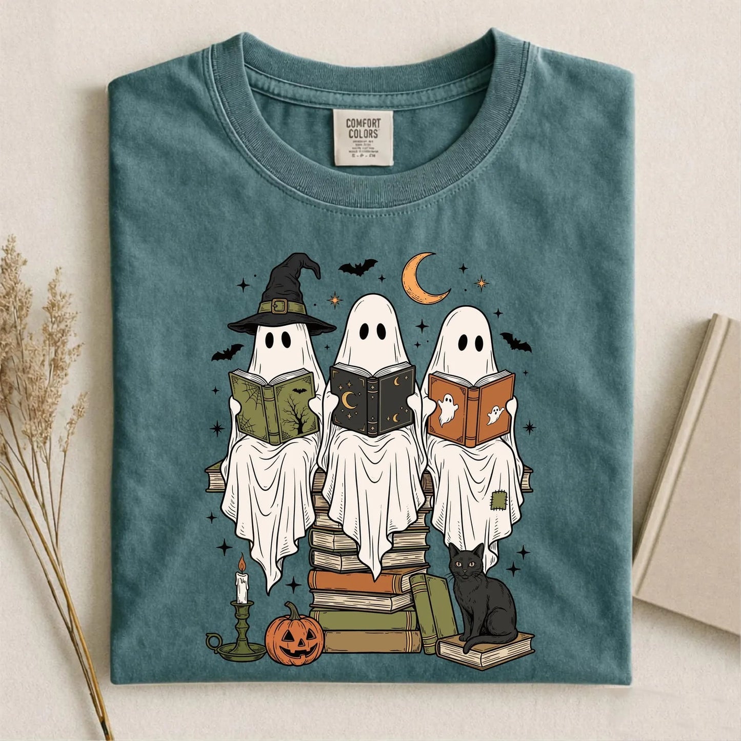 Fall Stacked Books Ghost Emerald Tee