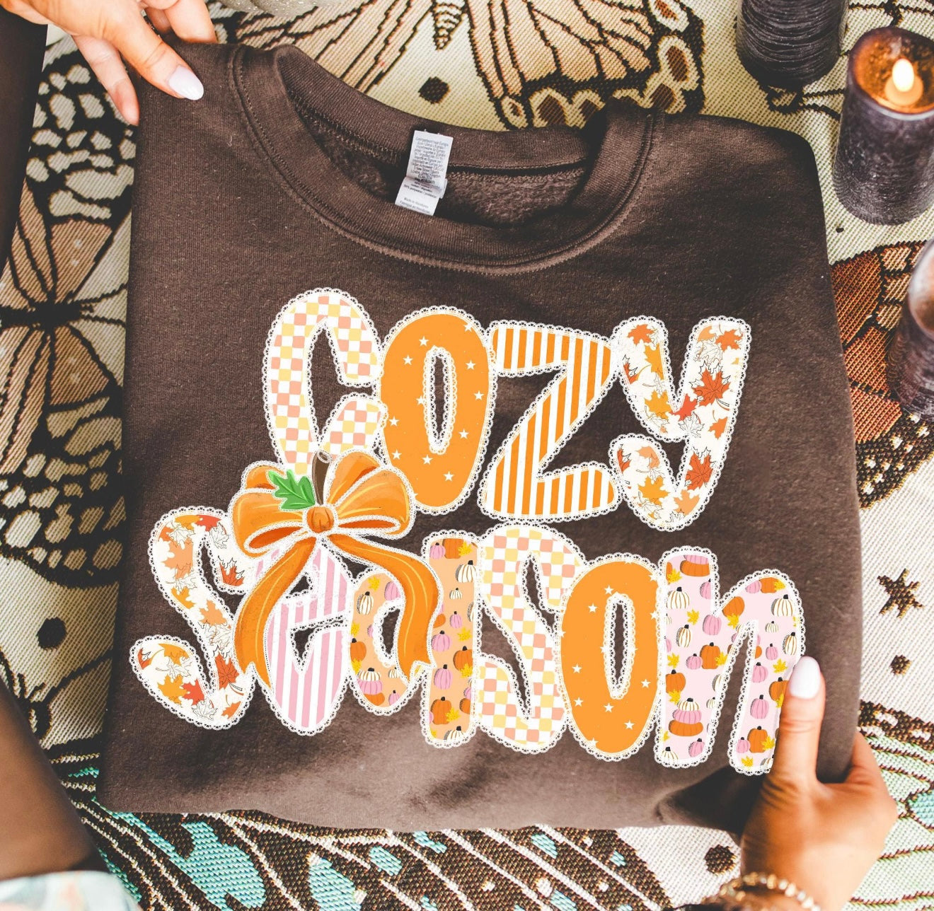 Cozy Season With Pumpkin Bow Chocolate Sweatshirt