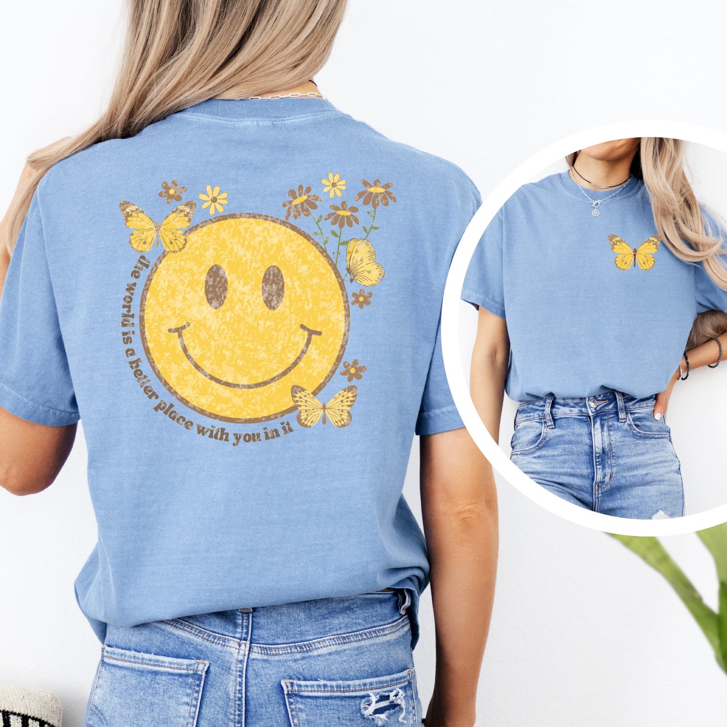 FRONT + BACK Butterfly The World Is A Better Place Washed Denim Tee
