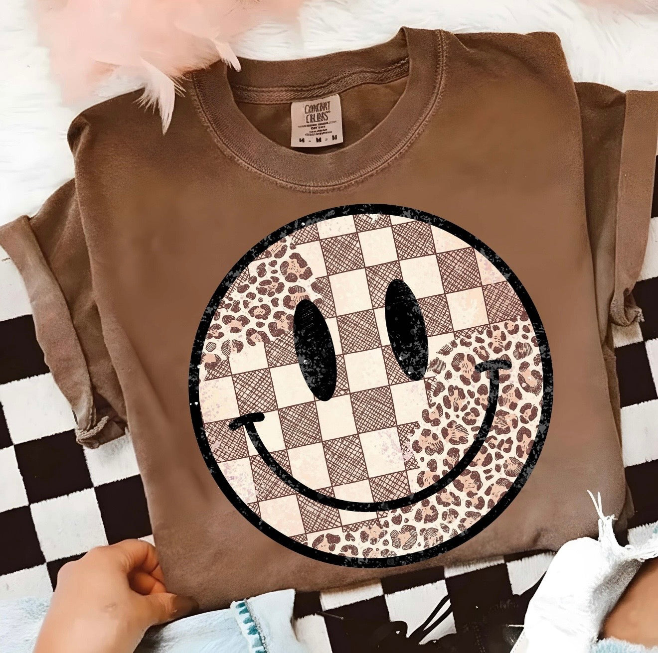 Checkered & Leopard Smiley Face Espresso Tee