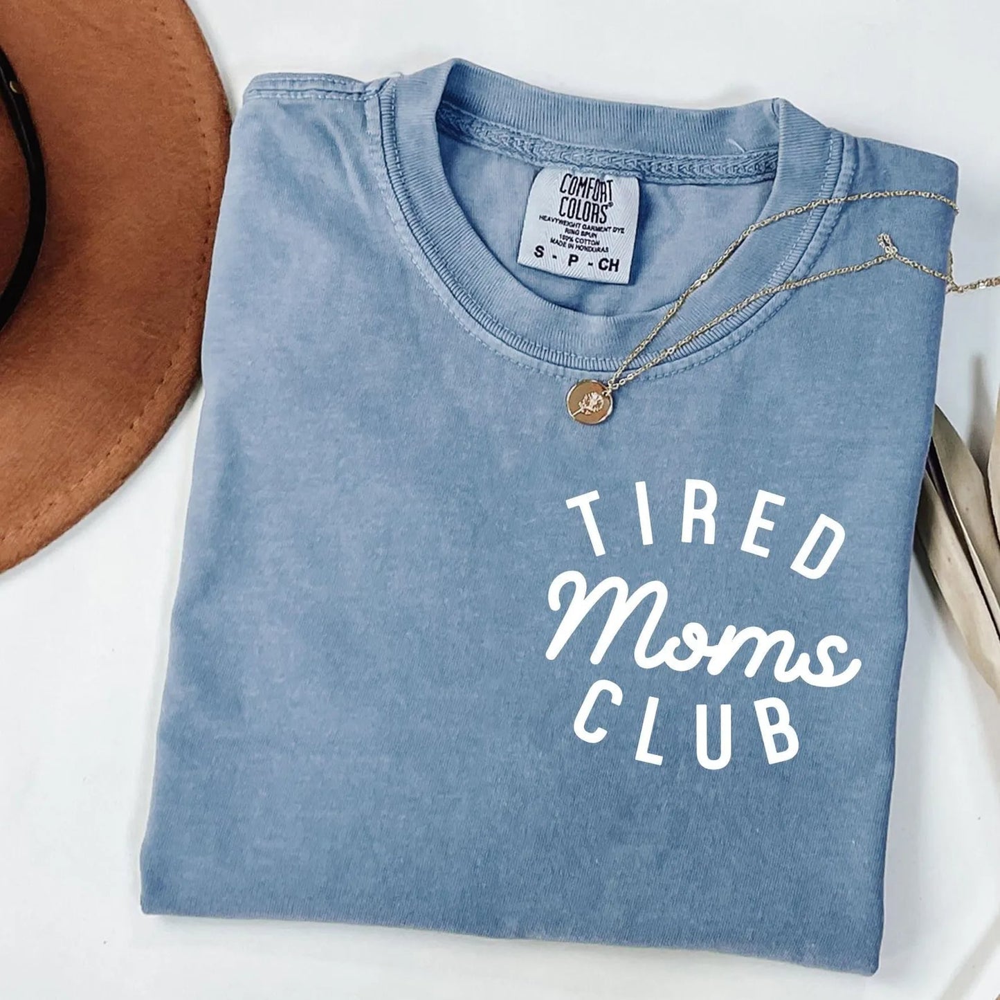 White Left Chest Tired Moms Club Washed Denim Tee