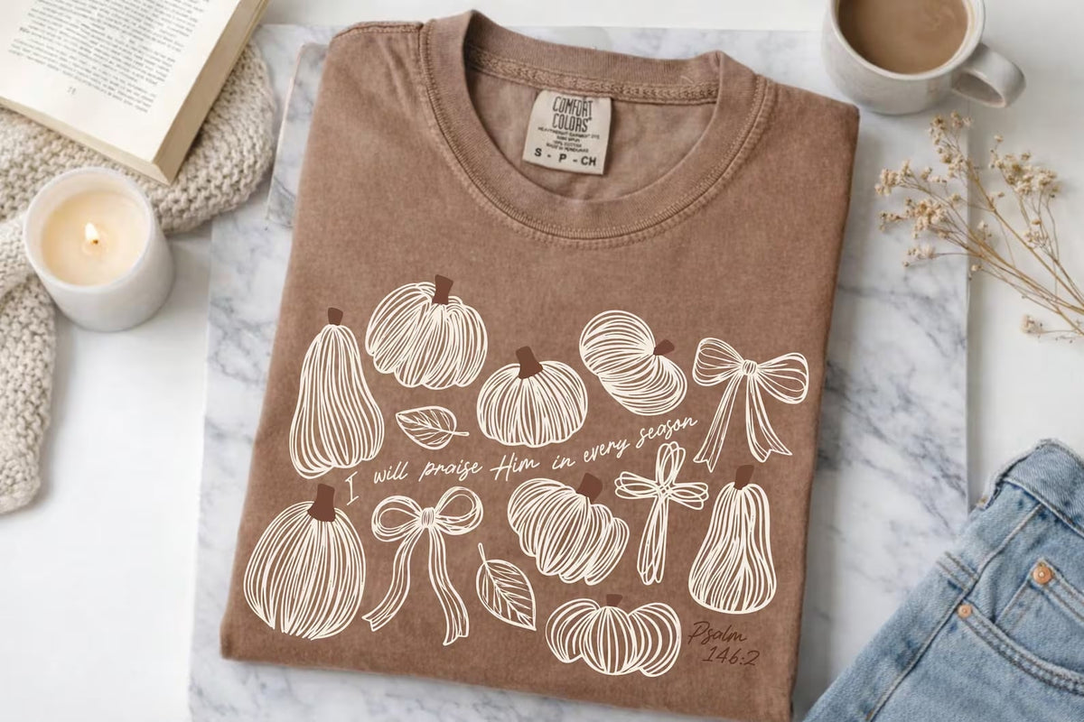 Neutral Pumpkin I Will Praise Him In Every Season Espresso Tee