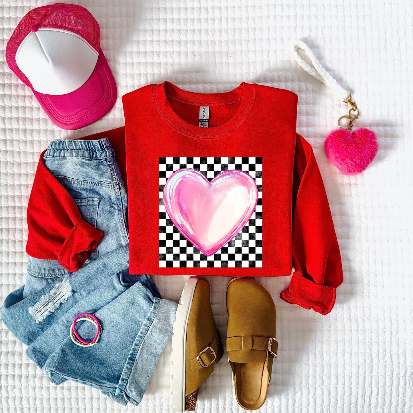 Black & White Checkered Pink Heart Red Sweatshirt