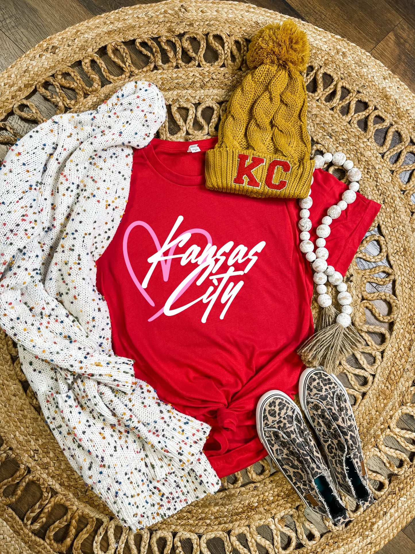 **HALFTIME DEAL** Pink Heart Doodle Kansas City Script Red Tee
