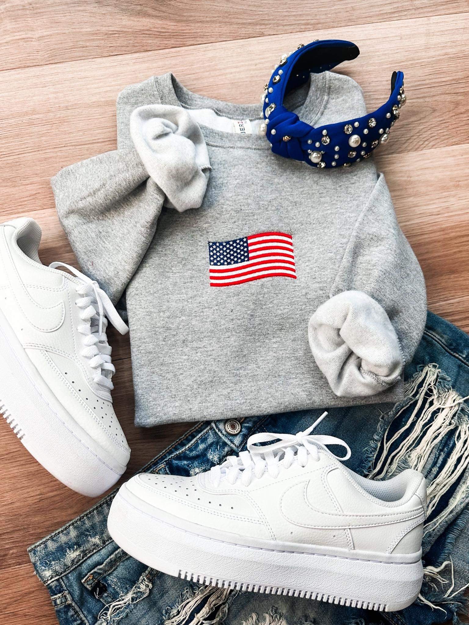 **PREORDER** USA Flag Embroidered Grey Sweatshirt