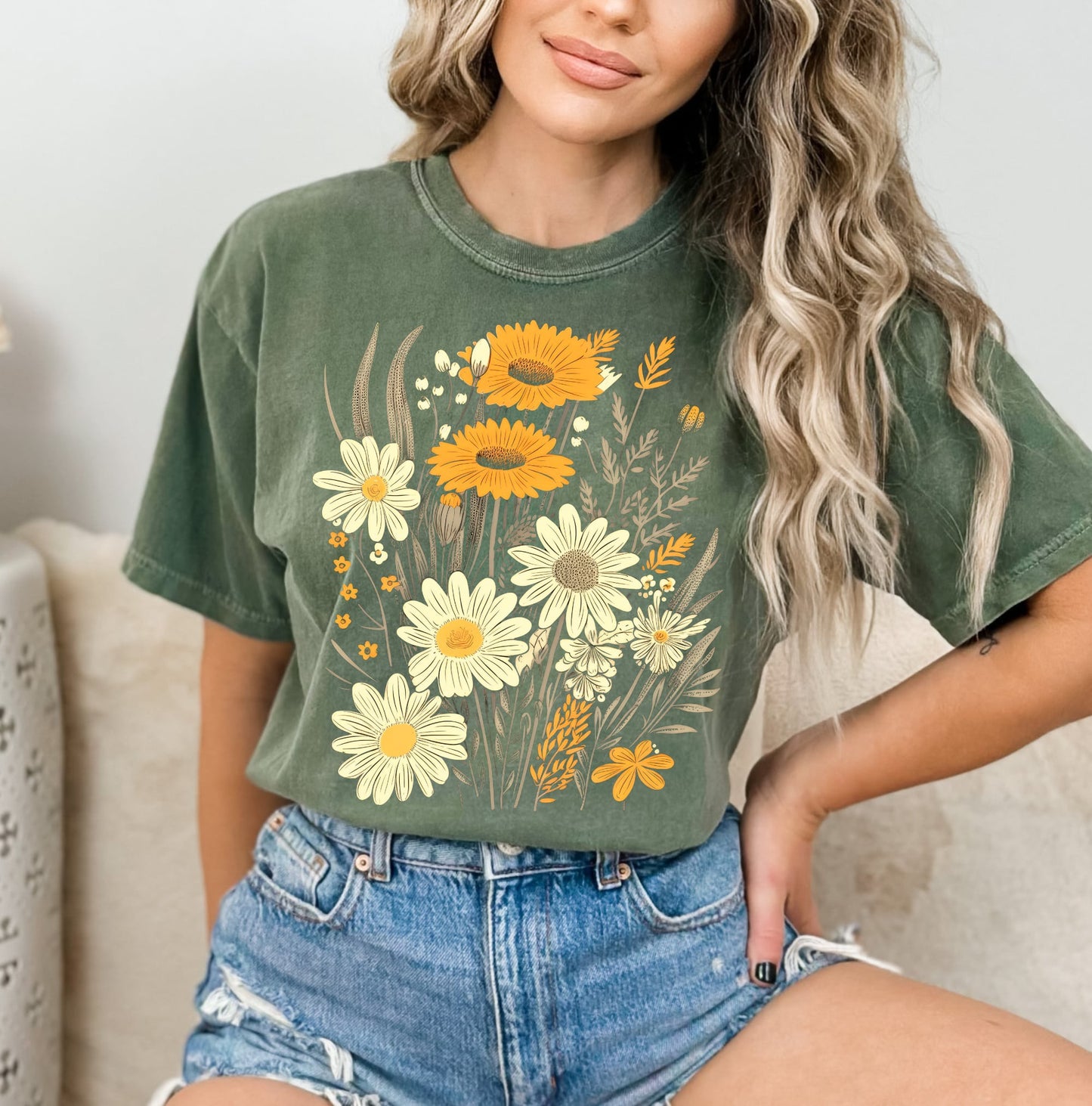 Daisy & Sunflower Stems Moss Tee
