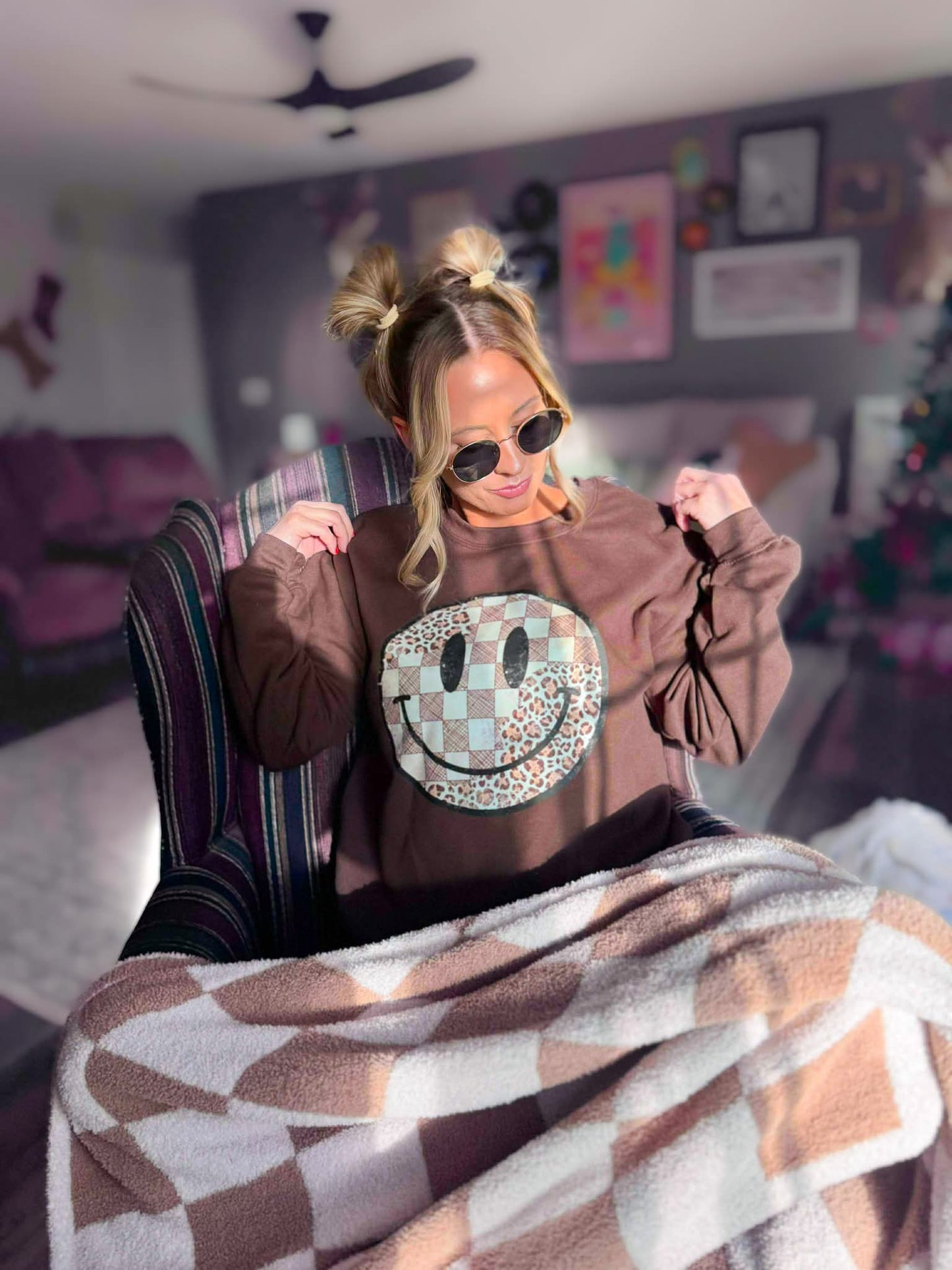 Checkered & Leopard Smiley Face Chocolate Sweatshirt