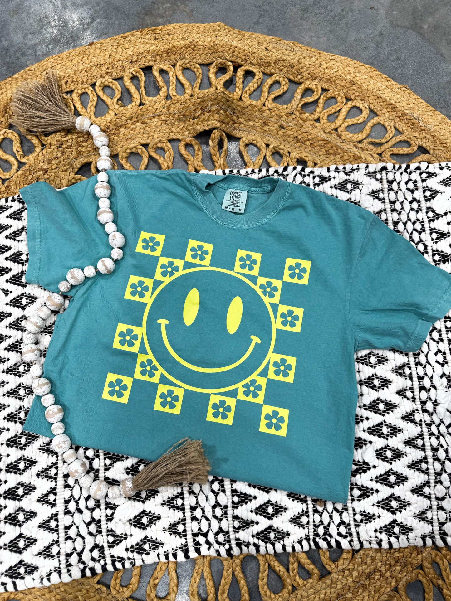 **Adult & Kids Sizes** Yellow Checkered Daisy Seafoam Tee