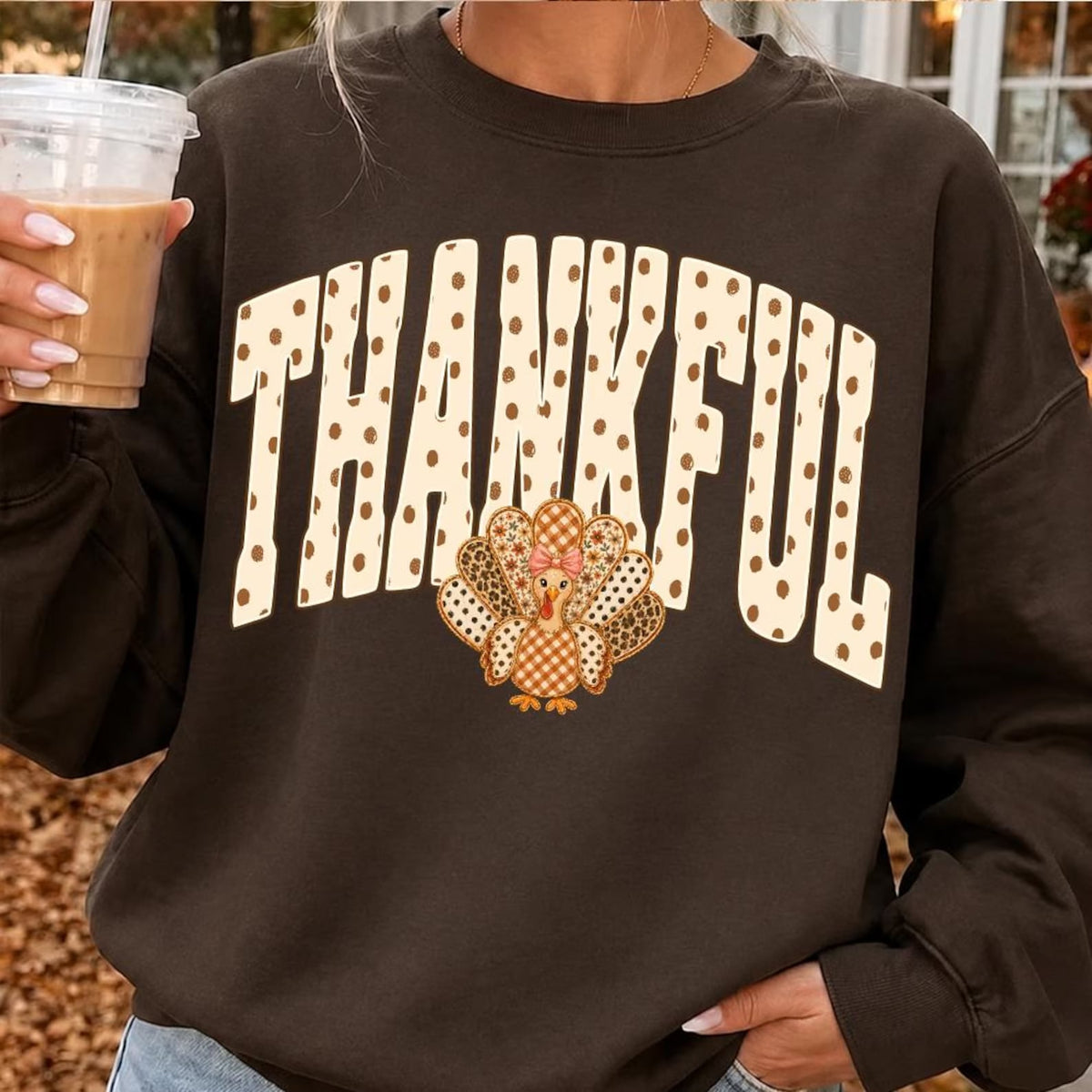 Cream Polka Dot Thankful Turkey Chocolate Sweatshirt