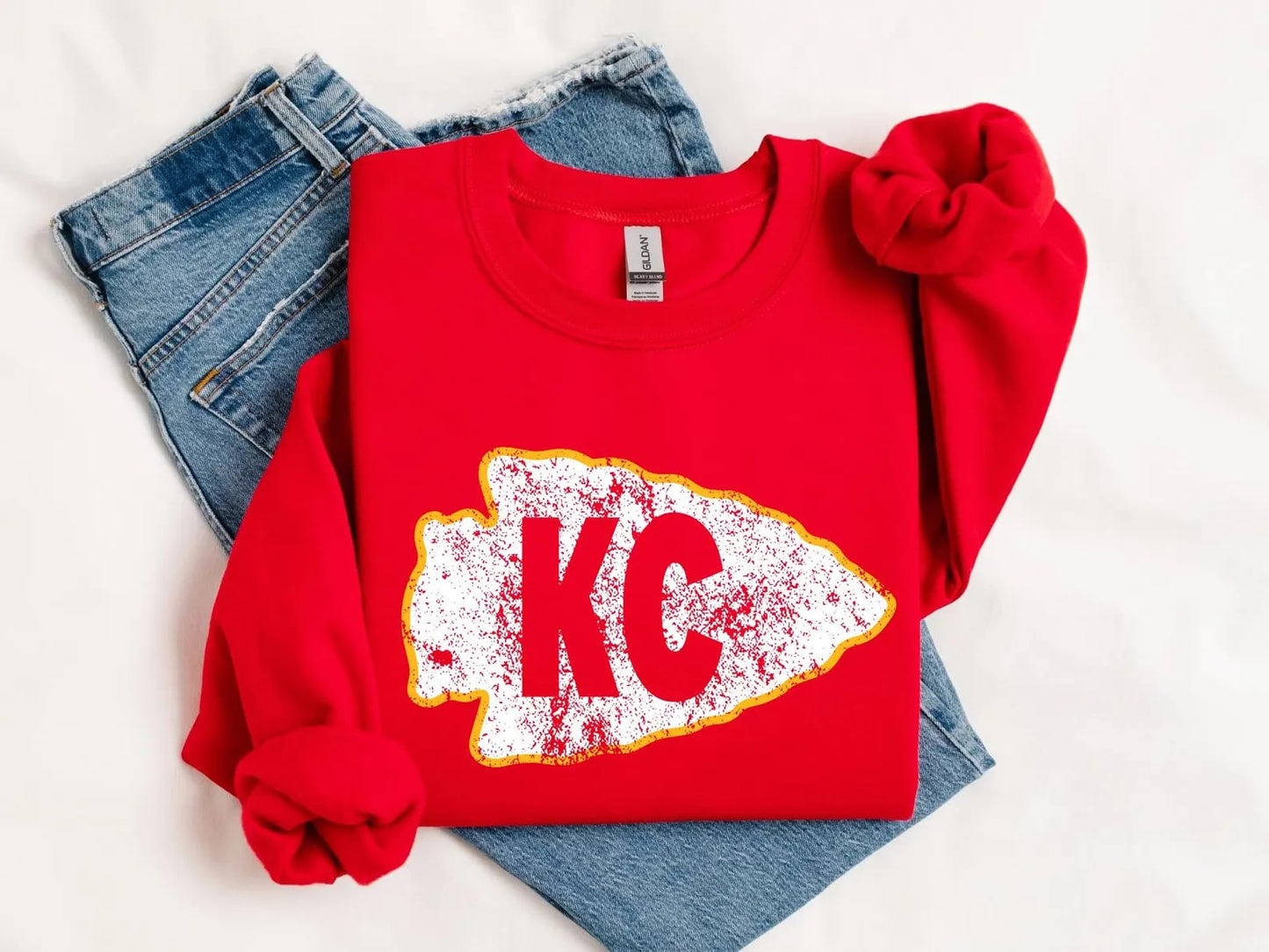 **HALFTIME DEAL** White Distressed Transparent KC Arrowhead Red Sweatshirt