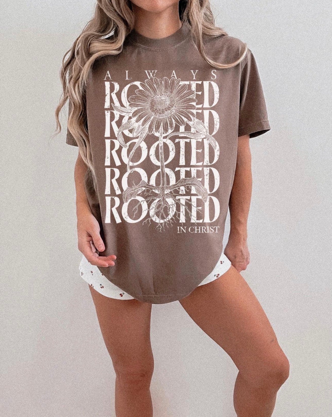 White Ink Always Rooted In Christ Espresso Tee