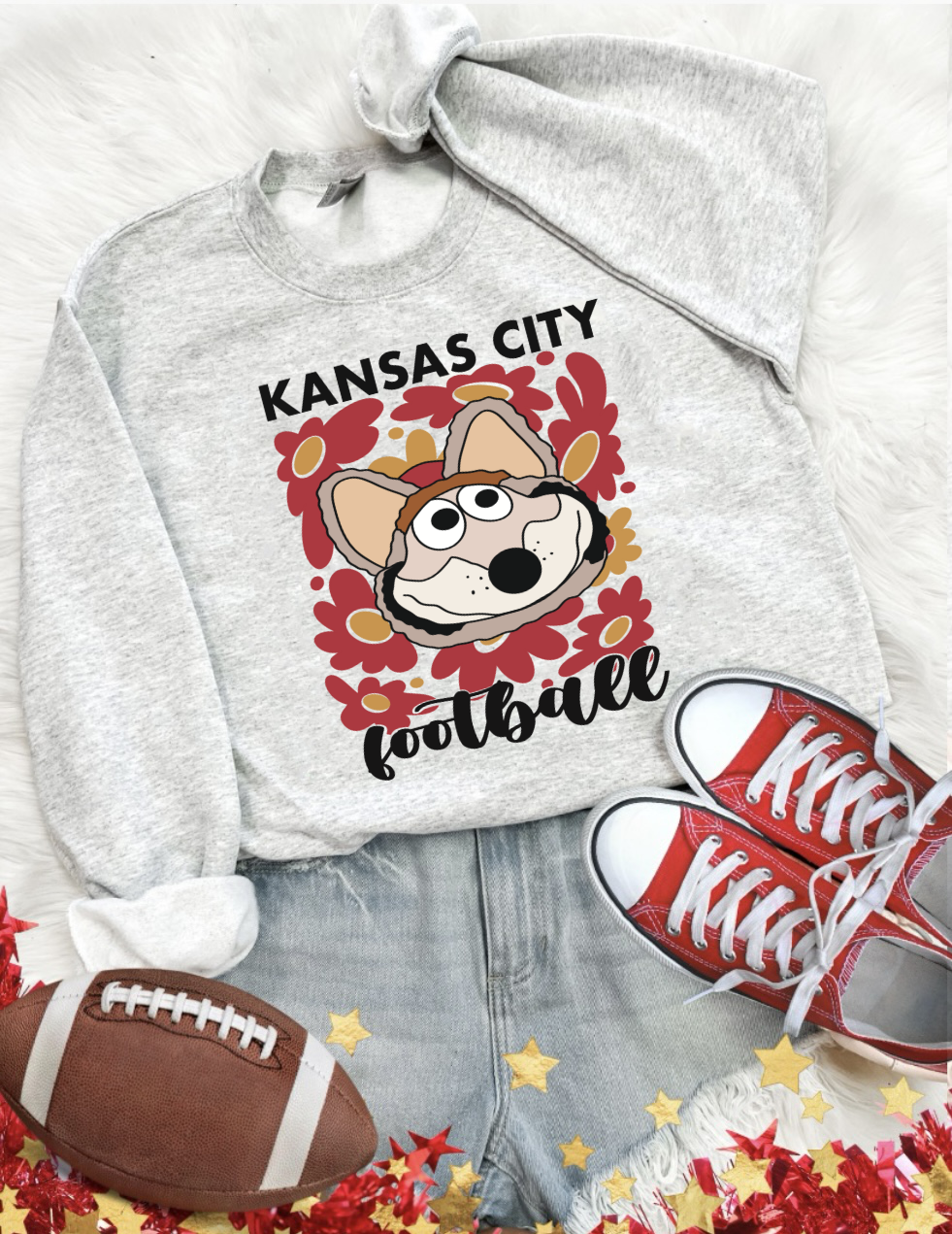 Kansas City Football Red & Gold Daisies Ash Sweatshirt