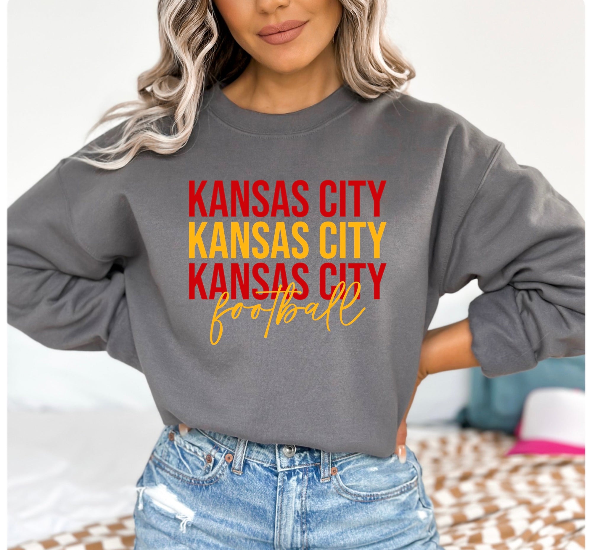 **PINK FRIDAY DEAL** Red & Gold Kansas City Football Repeat Charcoal Sweatshirt