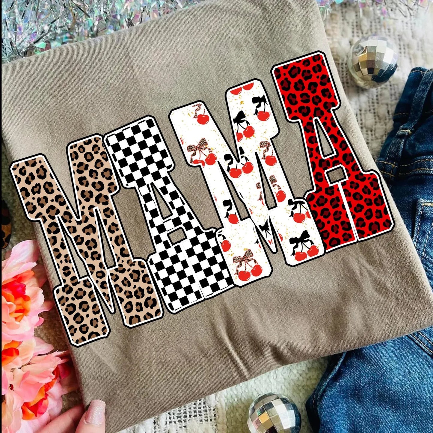 Checkered Leopard & Bows Mama Block Espresso Tee