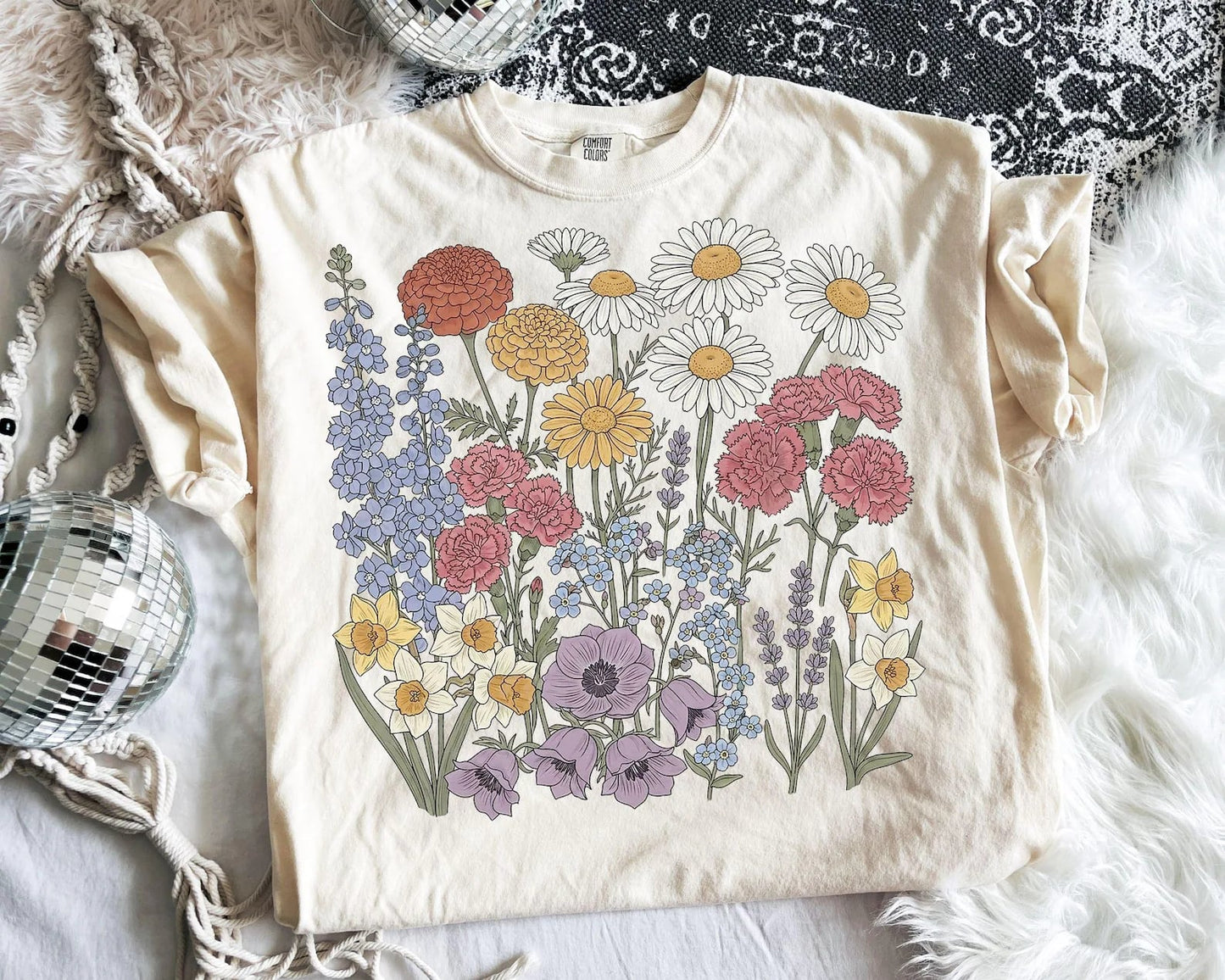 Boho Floral Spring Wildflowers Ivory Tee