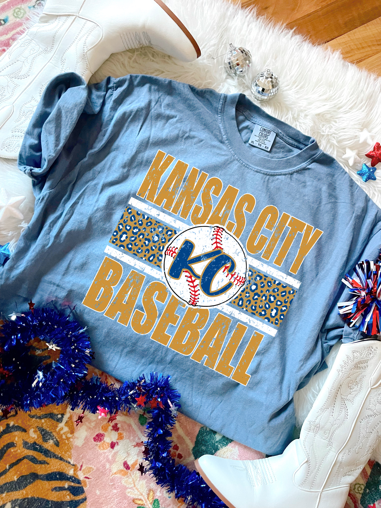 Blue & Gold Leopard Kansas City Baseball Blue Jean Tee